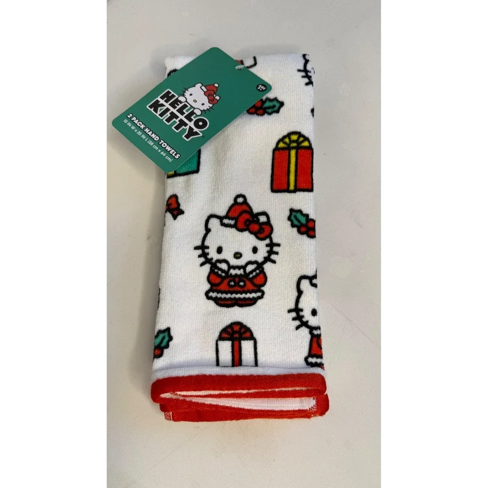 Hello Kitty Christmas Holiday Hand Towels 2 Pack White Red Festive‎